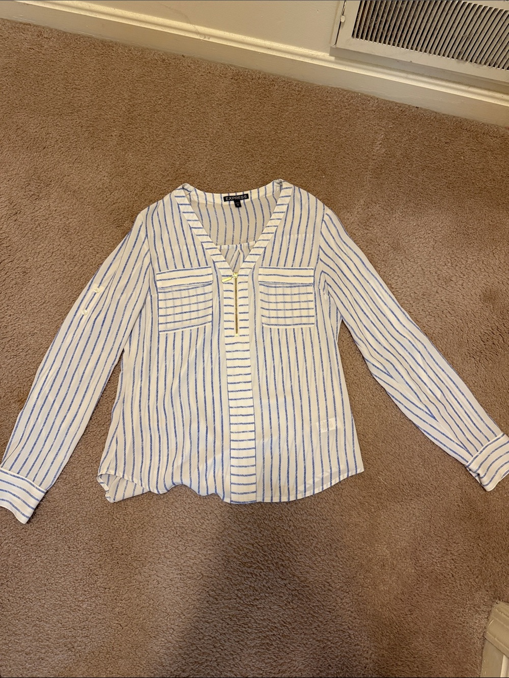 Striped V-Neck Women's Blouse - White & Blue